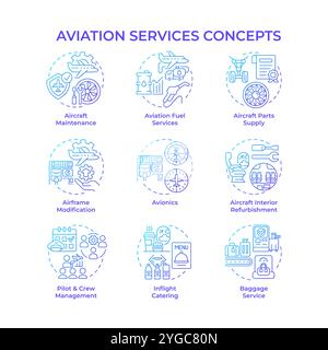 Aviation services blue gradient concept icons Stock Vector
