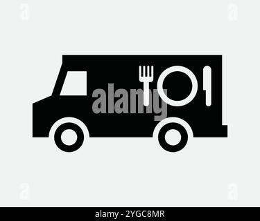 Foodtruck Food Truck Mobile Restaurant Eatery Eat Van Transport Delivery Deliver Fast Service Station Carnival Cafe Sign Icon Shape Outline Black Whit Stock Vector