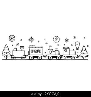 Christmas-themed toy train with various festive elements in black and white outline Stock Vector