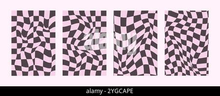 Psychedelic Checkerboard. Vintage violet Groovy hippie 70s circles background. Distorted vector illustration in Y2k style Stock Vector