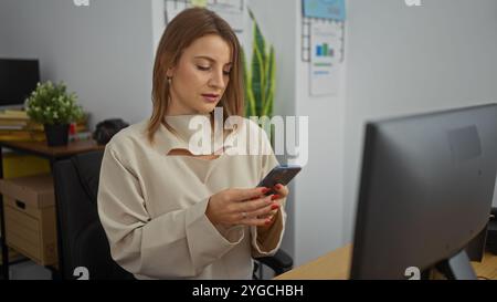A young beautiful blonde woman in an indoor office setting checking her phone while sitting at a desk with a computer and decor in the background. Stock Photo