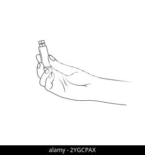 Hand is holding a flash drive. Storage media. Single line draw vector illustration. Stock Vector