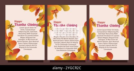 Creative Thanksgiving Card with Abstract Liquid Background and Leaves. print size set of thansgiving card template concept. liquid abstract background Stock Vector