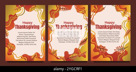 Creative Thanksgiving Card with Abstract Liquid Background and Leaves. print size set of thansgiving card template concept. liquid abstract background Stock Vector