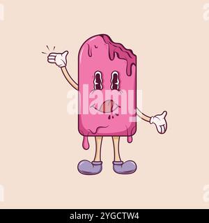 Ice cream mascot personage. Popsicle in retro groovy style. Cheerful summer delicacy. Poster, flyer, party, logo concept. Vector illustration. Stock Vector