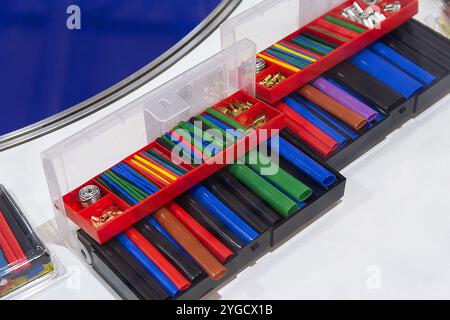 Heat shrink tubes to protect the insulation of cables at the stand. Industry Stock Photo