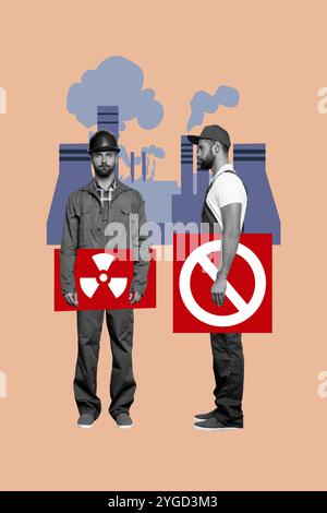 Vertical photo collage of serious men workers factory nuclear air pollution biohazard hold stop reactor sign isolated on painted background Stock Photo