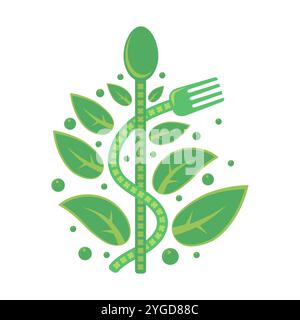 Vector healthy food icon with spoon, fork and green leaves isolated on white background. Stock Vector