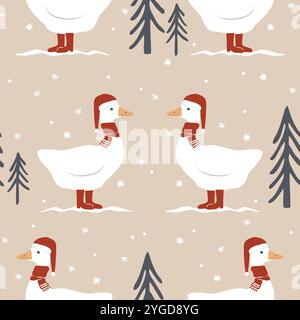 Seamless pattern with cute cartoon goose in red scarf, Santa Claus hat and boots. Merry Christmas background. Vector illustration. Stock Vector
