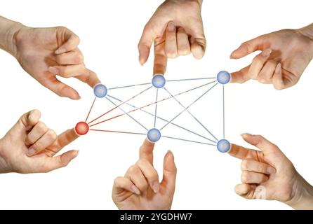 Many hands connected through virtual network with information or virus spreading Stock Photo