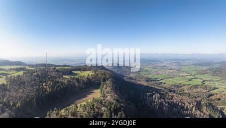 Aerial view, panorama of the Raichberg plateau on the Albtrauf and the witness mountain behind it with Hohenzollern Castle near Hechingen, on the left Stock Photo