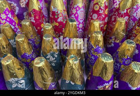 Various firecrackers displayed for sell at a market on the eve of Diwali, the Hindu festival of lights, in Guwahati, India on October 30, 2024. Diwali Stock Photo