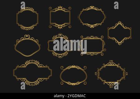 Elegant set of ornate gold vintage retro frames on black background. Vector illustration Stock Vector