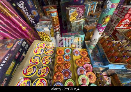 Various firecrackers displayed for sell at a market on the eve of Diwali, the Hindu festival of lights, in Guwahati, India on October 30, 2024. Diwali Stock Photo