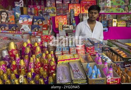 Various firecrackers displayed for sell at a market on the eve of Diwali, the Hindu festival of lights, in Guwahati, India on October 30, 2024. Diwali Stock Photo