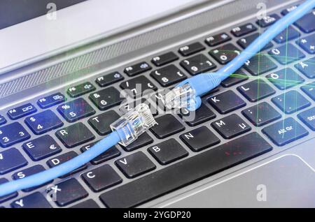 Two cables on computer keyboard symbolizing connection to cyberspace Stock Photo