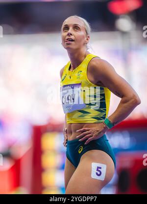 Liz Clay participating in the 100 meters hurdles at the Paris 2024 Olympic Games. Stock Photo