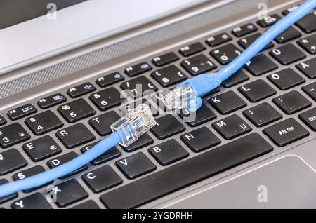Two internet cable on computer keyboard Stock Photo