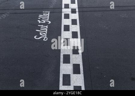 Track markings, finish line, F1 Grand Prix Racetrack, Montreal, Province of Quebec, Canada, North America Stock Photo