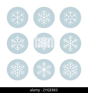 Set of white snowflakes icon on pastel blue background Stock Vector