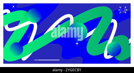 Abstract and Minimalist Futuristic Background with Wavy Shapes and Spheres in Blue and Green Color Combination Stock Vector