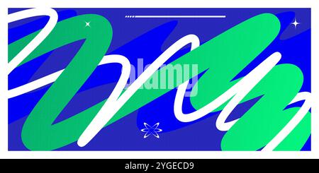 Abstract and Minimalist Futuristic Background with Wavy Shapes and Spheres in Blue and Green Color Combination Stock Vector