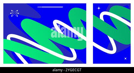 Abstract and Minimalist Futuristic Background with Wavy Shapes and Spheres in Blue and Green Color Combination Stock Vector