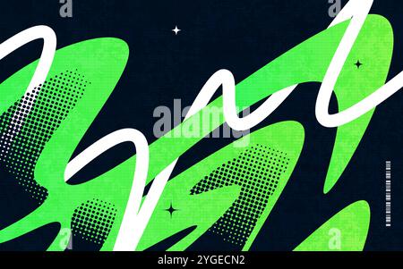 Abstract Creative Background with Wavy Lines, Halftones and Texture Effects in Black, Green and White Color Style Stock Vector