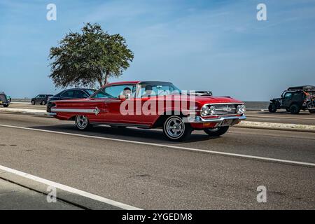 Gulfport, MS - October 04, 2023: Wide angle front corner view of a 1960 Chevrolet Impala Sport Coupe at a local car show. Stock Photo