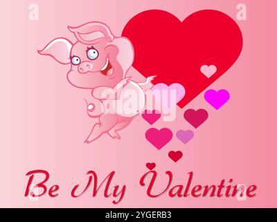 Pig is holding a heart and the words "Be my Valentine" are written below it. The pig is pink and smiling Stock Vector
