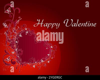 Red background with a heart in the center. The heart is surrounded by flowers and butterflies. The text says Happy Valentine Stock Vector