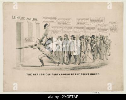 Abraham Lincoln's supporters are portrayed as radicals and eccentrics of various stripes. The satire is loosely based on an anti-Fremont cartoon from the previous presidential race, 'The Great Republican Reform Party' (no. 1856-22), also issued by Nathaniel Currier. Here Lincoln, sitting astride a wooden rail borne by Horace Greeley, leads his followers toward a lunatic asylum. Greeley instructs him, 'Hold on to me Abe, and we'll go in here by the unanimous consent of the people.' Lincoln exhorts his followers, 'Now my friends I'm almost in, and the millennium is going to begin, so ask what yo Stock Photo