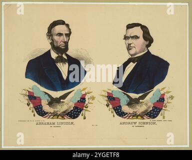 Print shows a campaign banner for the Republican ticket in the 1864 presidential election. It consists of facing bust portraits of Abraham Lincoln (left) and Andrew Johnson (right). Below each portrait is an identical emblematic vignette of an eagle holding lightning bolts and an olive branch and surrounded by flags and banners. Torches are visible below the eagle, alternating with flagstaffs. Stock Photo