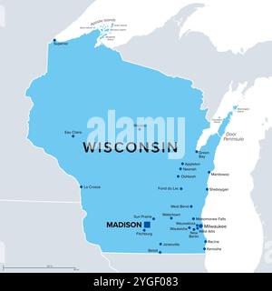 Wisconsin, U.S. state, political map. State in the Great Lakes region of upper Midwestern United States, with capital Madison. Stock Photo