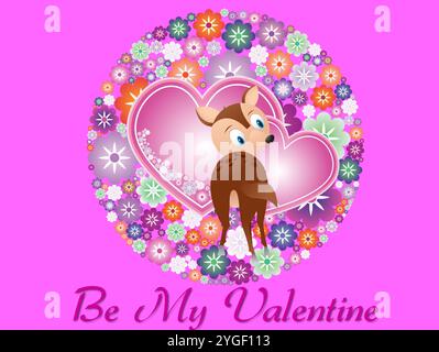 Cute deer is standing in front of a heart with flowers. The image is pink and has the words 'Be My Valentine' written below the deer Stock Vector