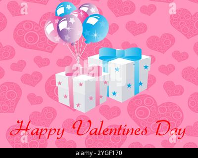 Pink background with a bunch of balloons and two white boxes with blue bows. The boxes are labeled Happy Valentine's Day Stock Vector