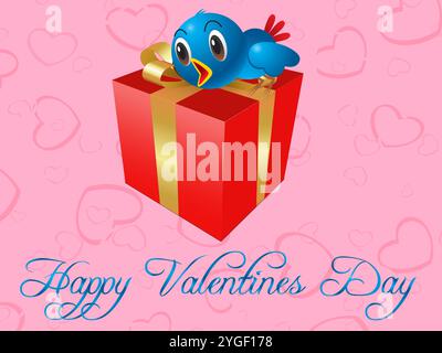 Blue bird is peeking out of a red box with gold trim. The box is decorated with hearts Stock Vector