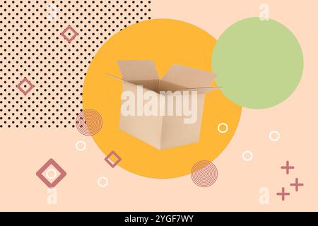 An open cardboard box on a yellow circle and on a pink background with geometric draws Stock Photo