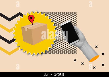 Woman hand holding a smartphone and a cardboard box with a location icon on a geometric shape background Stock Photo