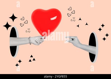 Woman hand holding a red balloon heart shape and other hand doing small gesture coming out of black holes on a pink background Stock Photo