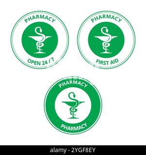 Green pharmacy labels with the draw of a snake and a cup on a white background Stock Vector