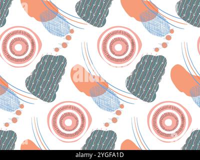 Abstract, seamless abstract pattern with spots, stripes and dots hand drawn in vector in pink and blue colors. Suitable for printing on fabric, paper Stock Vector