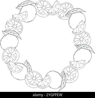 Vector Round frame of oranges, tangerines, citrus On white background. Ingredient for juice, mulled wine, recipes, jam, preserves, compotes. Harvest in the garden. Printing typography, textiles Stock Vector