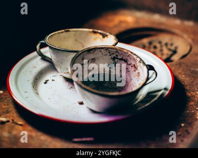 Antique Enameled Plates in Rusty Old Sink Stock Photo