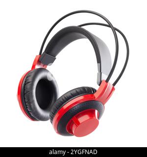 red and black headphones isolated on white background suitable for listening to music or playing video games Stock Photo