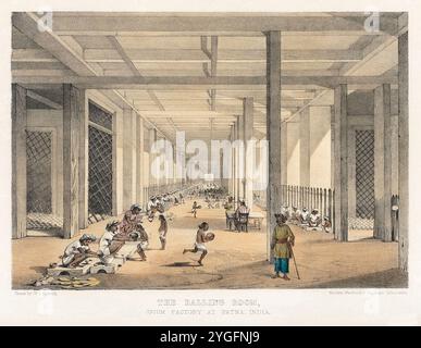 'The Balling Room, Opium Factory at Patna, India' lithograph by Walter S. Sherwill (1811-1863) showing ballmakers taking a lewa of opium and shaped into a ball using a brass cup. These are then weighed to ensure consistence, a skilled worker could produce over 100 opium balls in a day. Photograph of an original lithograph published in 1851 by McClure, Macdonald & Macgregor Lith., London. Credit: Private Collection / AF Fotografie Stock Photo