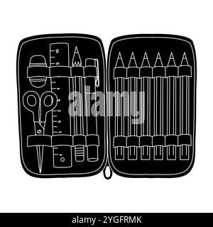 Black silhouette of pencil case with school supplies, glyph icon flat vector illustration Stock Vector