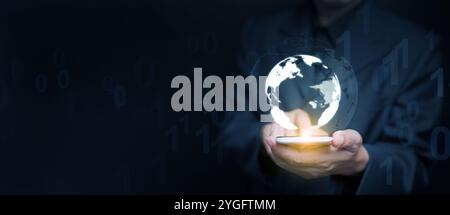 Globe in your hands concept. A businessman can access communication, information, data, and networks globally from his smartphone Stock Photo