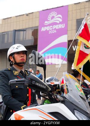 Female officers of the motorized police participating in the Presentation and demonstration, by the National Police of Peru (PNP), of the security measures adopted for the Asia-Pacific Economic Cooperation (APEC) Peru 2024 forum. APEC, established in November 1989, is an economic forum composed of 21 Asia-Pacific economies, considered the most dynamic region in the world. Stock Photo