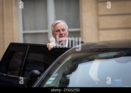 Paris, France. 06th Nov, 2024. Michel Barnier, French prime minister, seen at the end of the council of the french ministers, in the main courtyard of the Elysee Palace. French government ministers met at the Elysée Presidential Palace for another council of ministers, in Paris. Credit: SOPA Images Limited/Alamy Live News Stock Photo